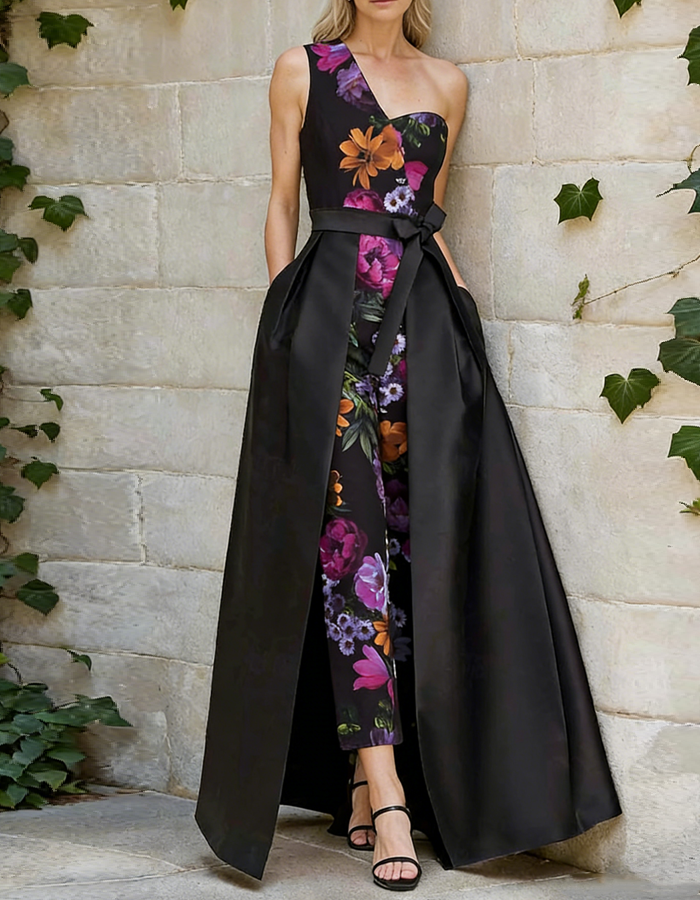 Black Satin One-Shoulder Printed Maxi Dress
