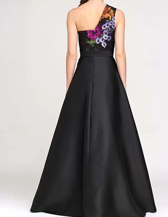 Black Satin One-Shoulder Printed Maxi Dress