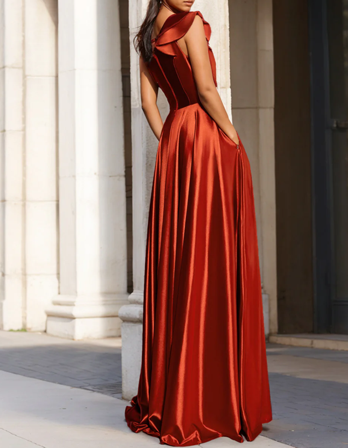 Satin One-Shoulder Slit Maxi Dress