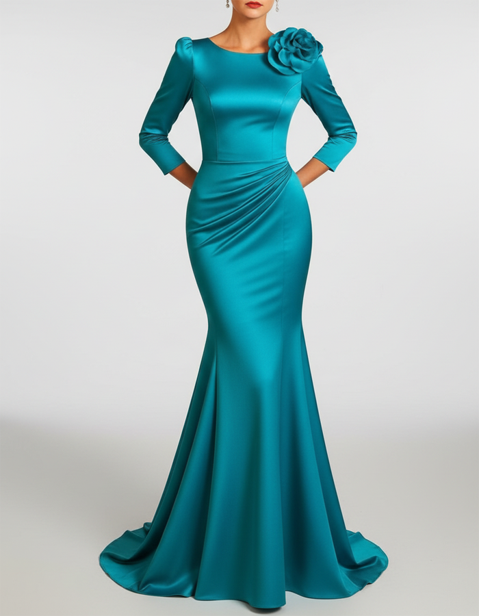 Vestido largo de sirena de satén con flores en 3D
