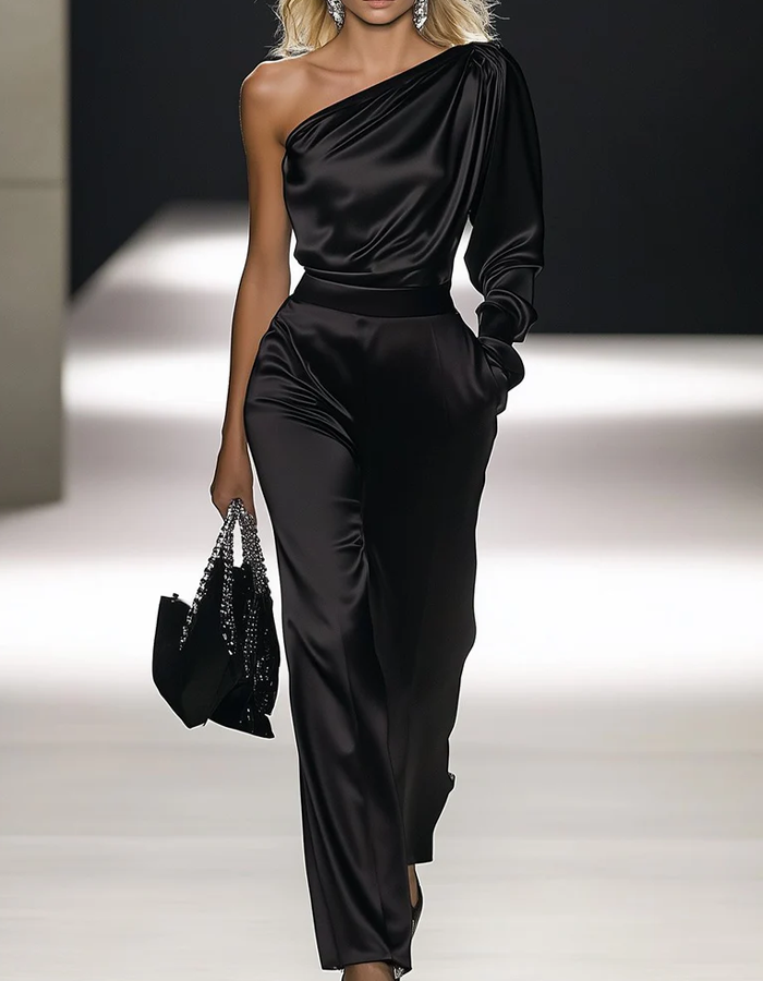 Satin One-Shoulder Wide-Leg Jumpsuit