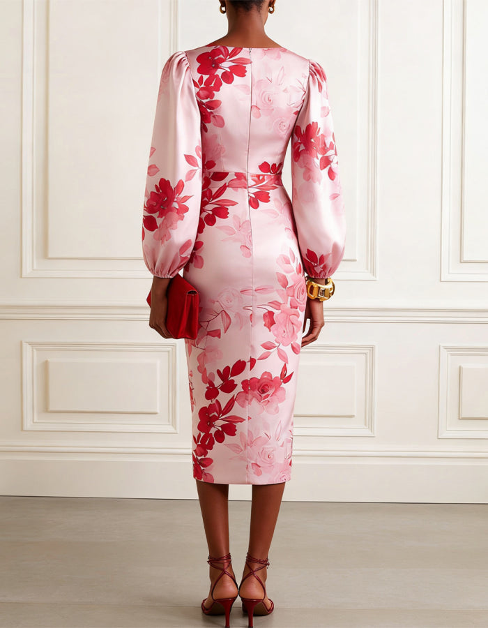 Pink V Neck Satin Print Midi Dress