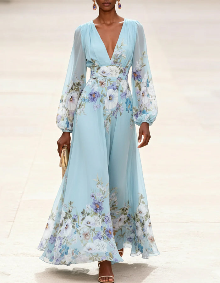 Light Blue V Neck Chiffon Print Maxi Dress
