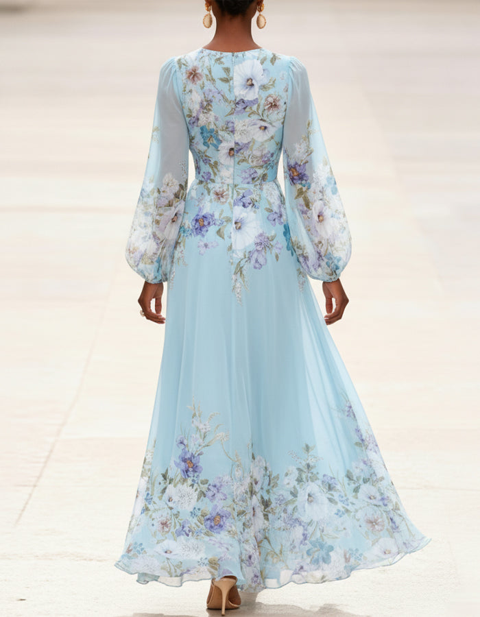 Light Blue V Neck Chiffon Print Maxi Dress