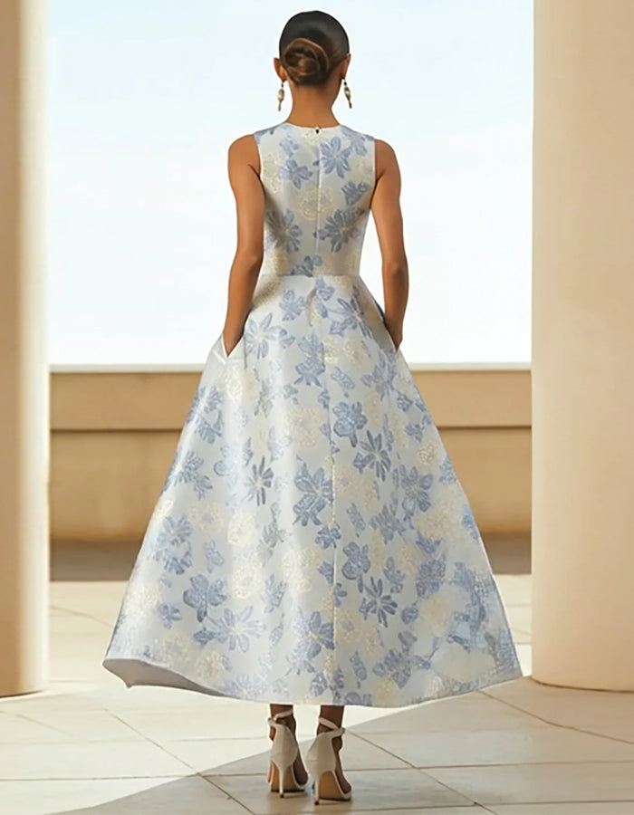 Light Blue Round Neck Satin Printed Sleeveless Maxi Dress