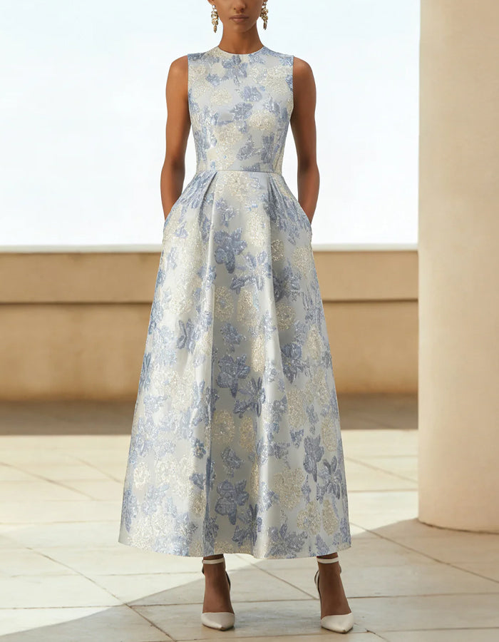 Light Blue Round Neck Satin Printed Sleeveless Maxi Dress