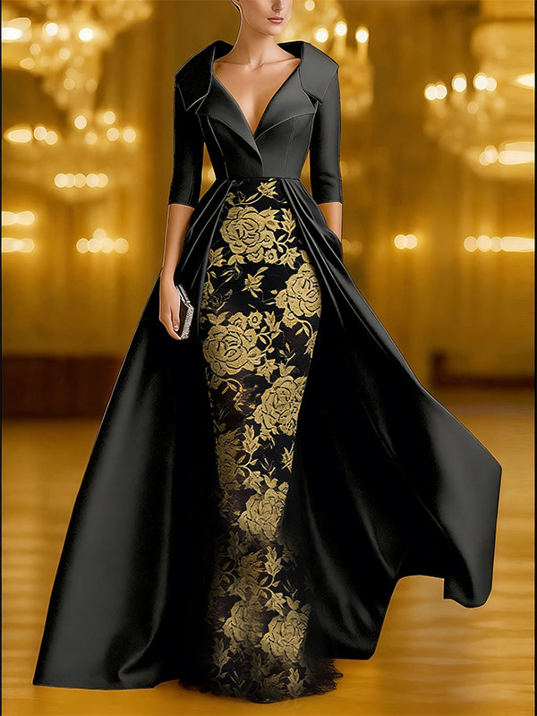 Solid Color Spliced Satin Lace Maxi Dress