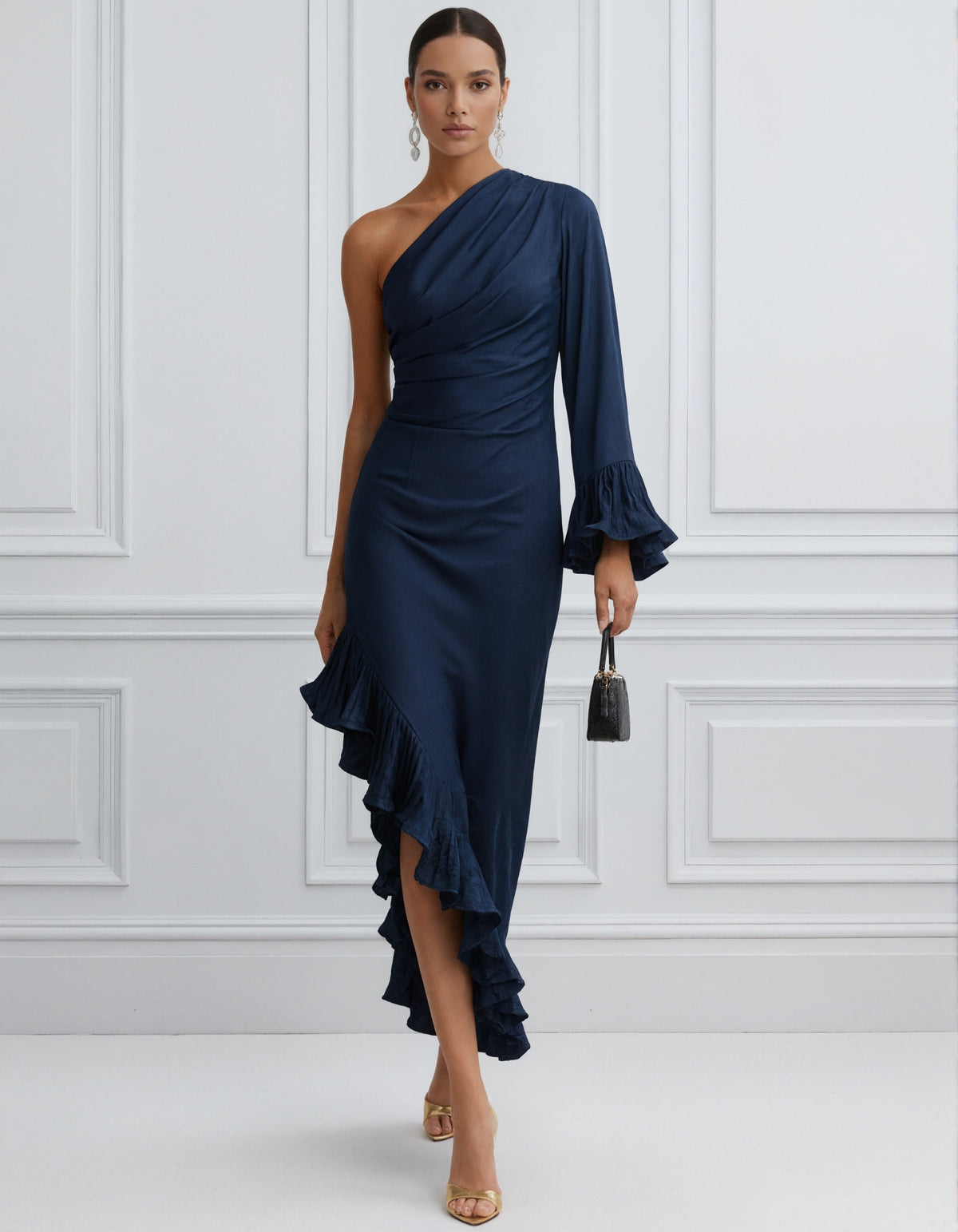 Dark Blue One Shoulder Satin Maxi Dress