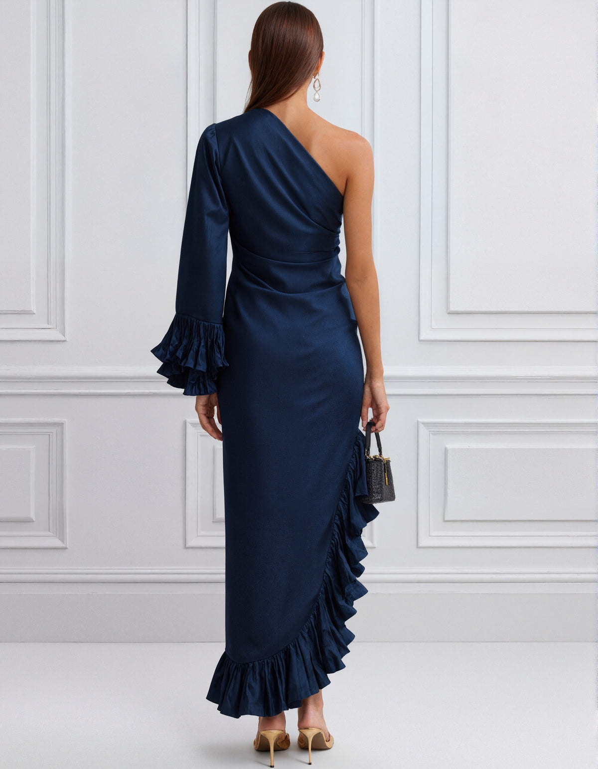 Dark Blue One Shoulder Satin Maxi Dress