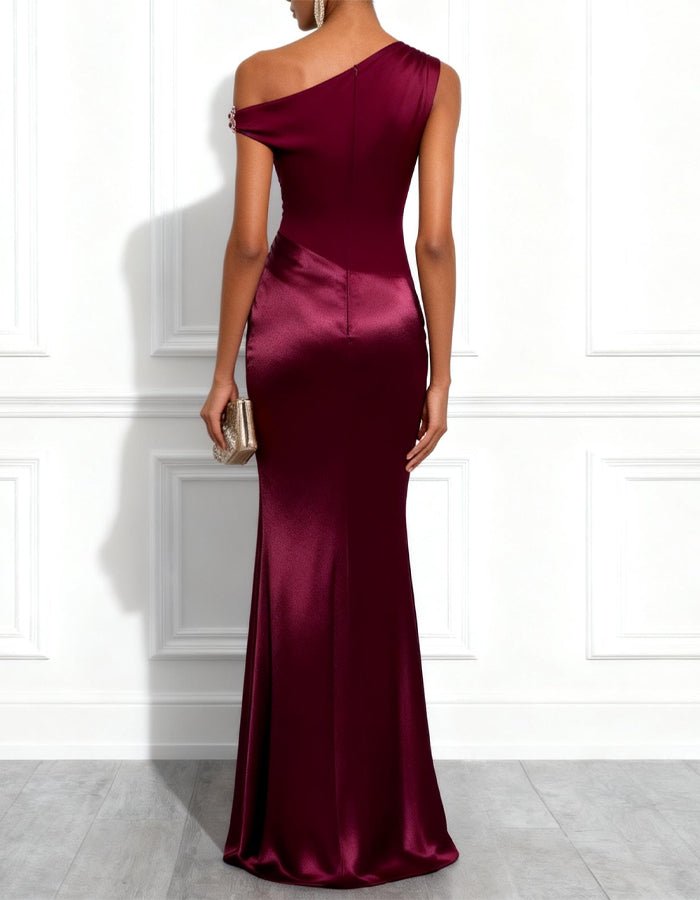 Burgundy One Shoulder Satin Maxi Dress