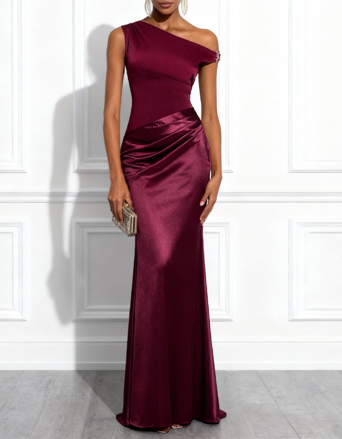Burgundy One Shoulder Satin Maxi Dress