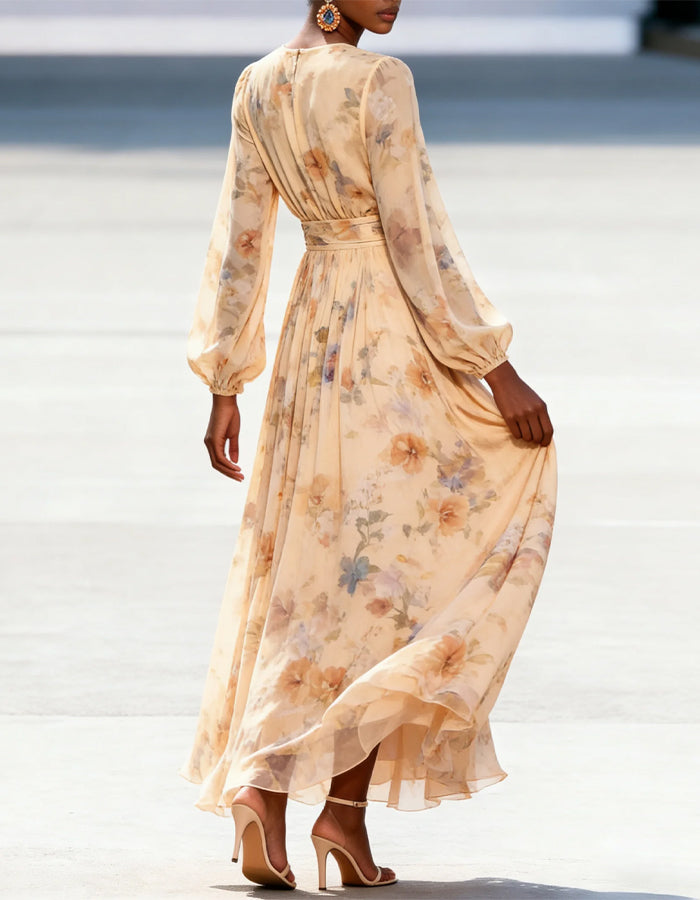 Apricot V Neck Chiffon Printed Long Sleeved Maxi Dress