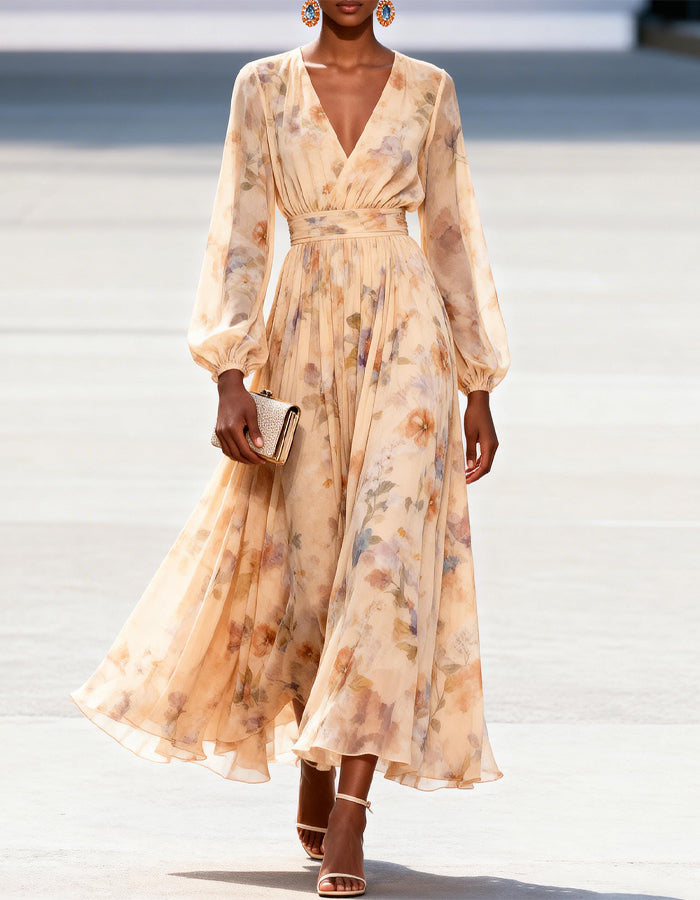 Apricot V Neck Chiffon Printed Long Sleeved Maxi Dress