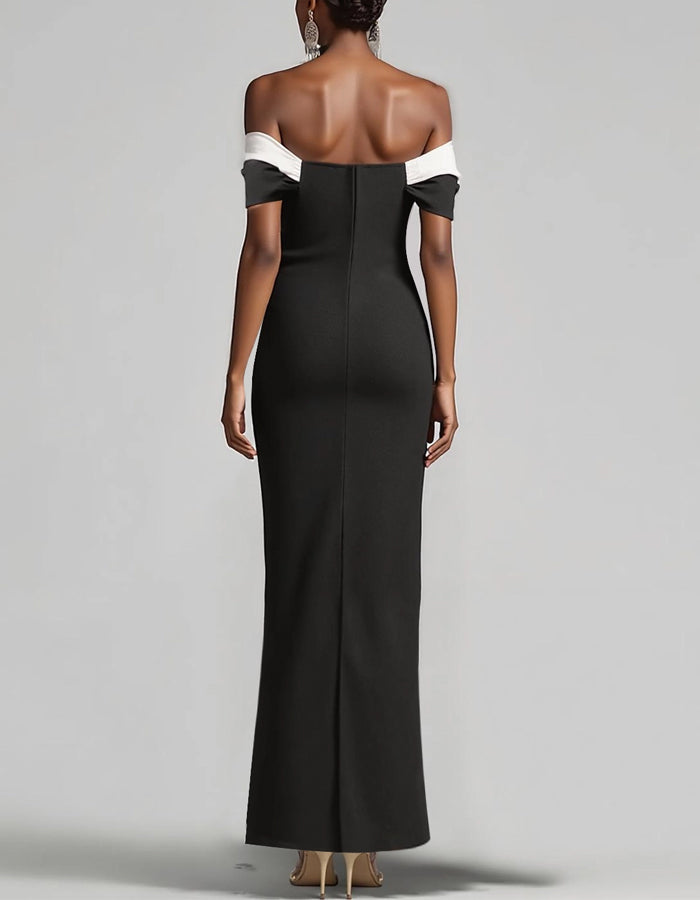 Black And White Color Blocked Off Shoulder Maxi Dress
