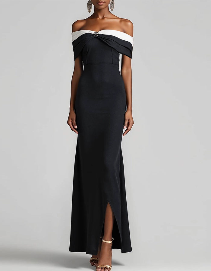 Black And White Color Blocked Off Shoulder Maxi Dress
