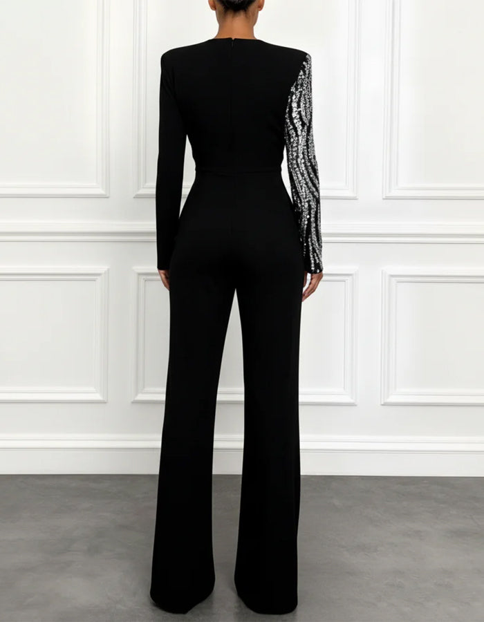 Black V Neck Long Sleeved Sequined Jumpsuit