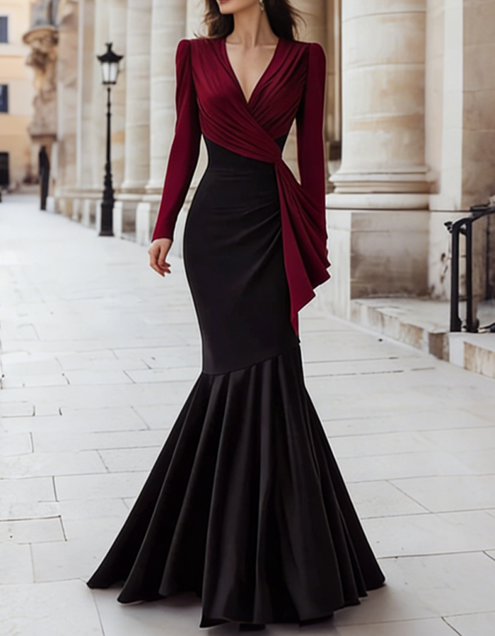 Burgundy and Black Pleated Mermaid Maxi Dress