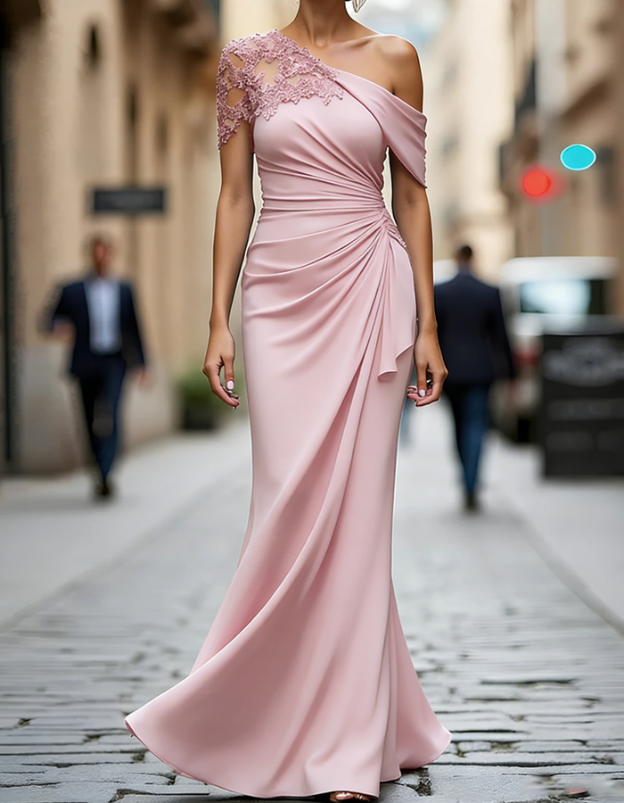 One-Shoulder Lace Satin Maxi Dress