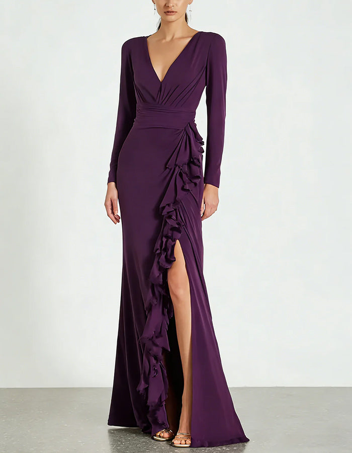Vestido maxi ajustado de manga larga con cuello en V morado