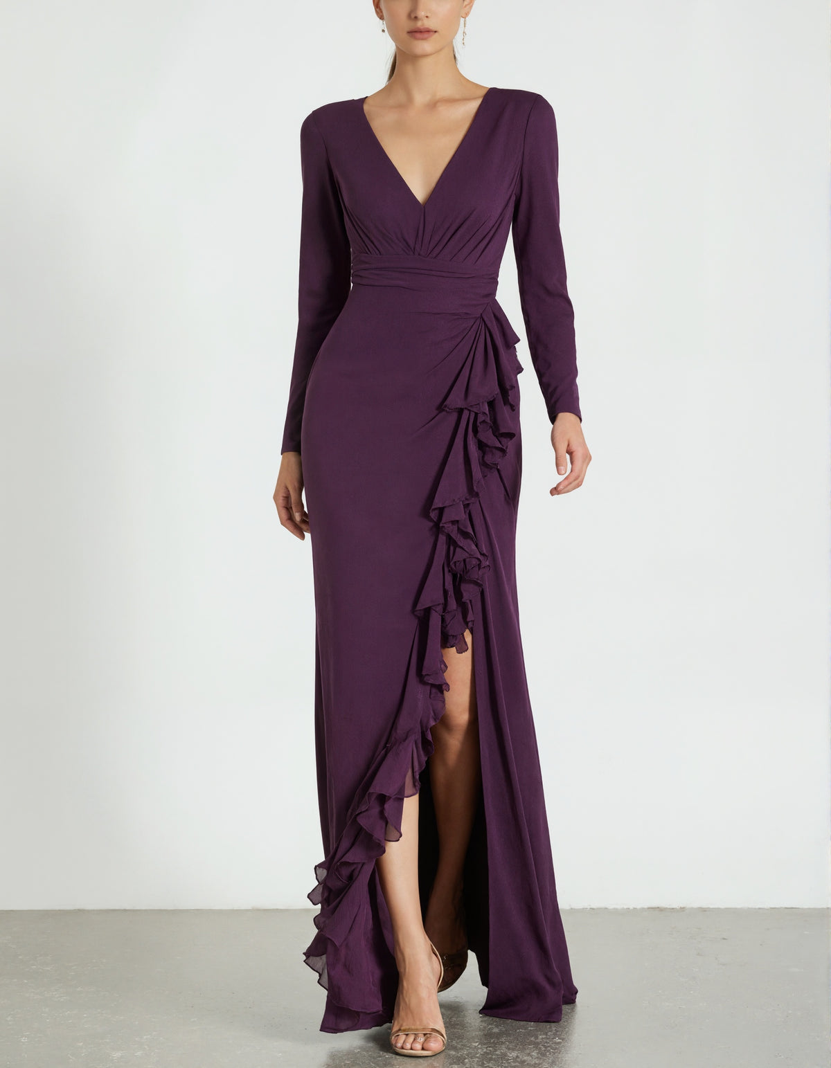 Purple V-Neck Long Sleeved Fitted Maxi Dress