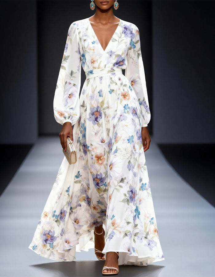 White V-Neck Long Sleeved Chiffon Print Maxi Dress