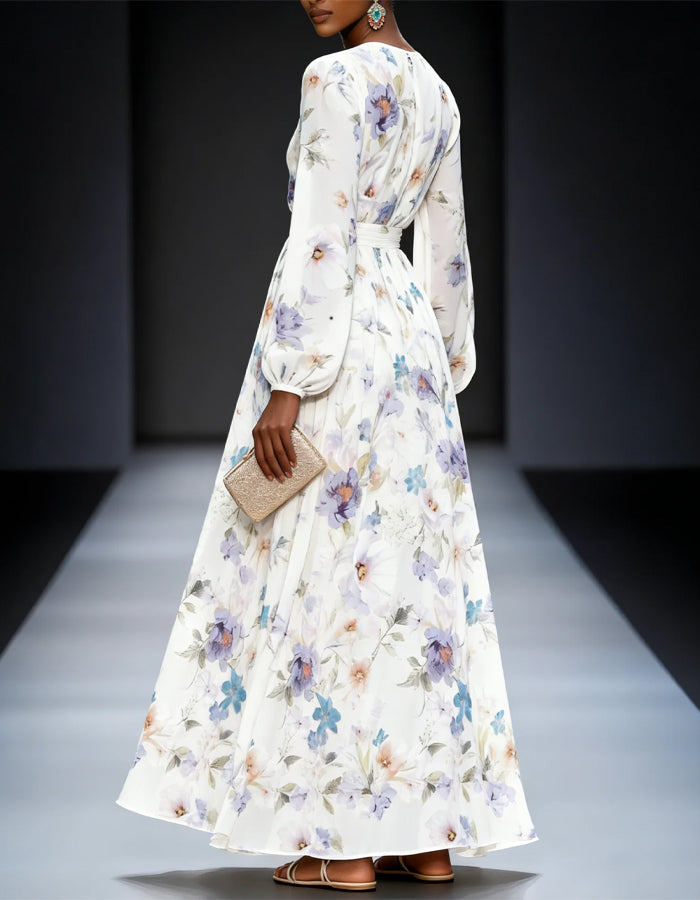 White V-Neck Long Sleeved Chiffon Print Maxi Dress