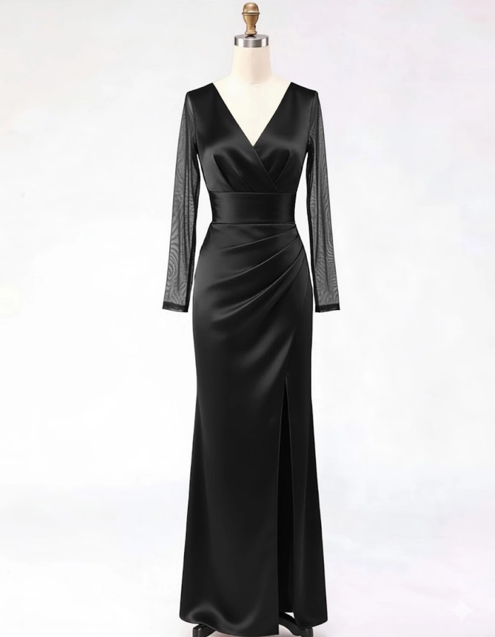 Vestido maxi de satén con mangas de tul
