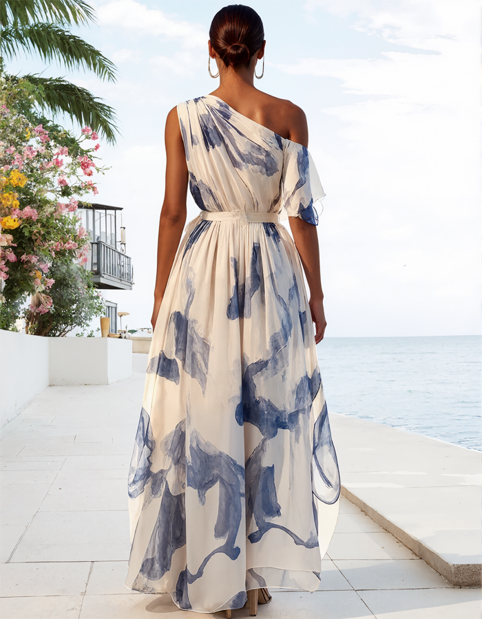 Watercolor Chiffon One-Shoulder Maxi Dress