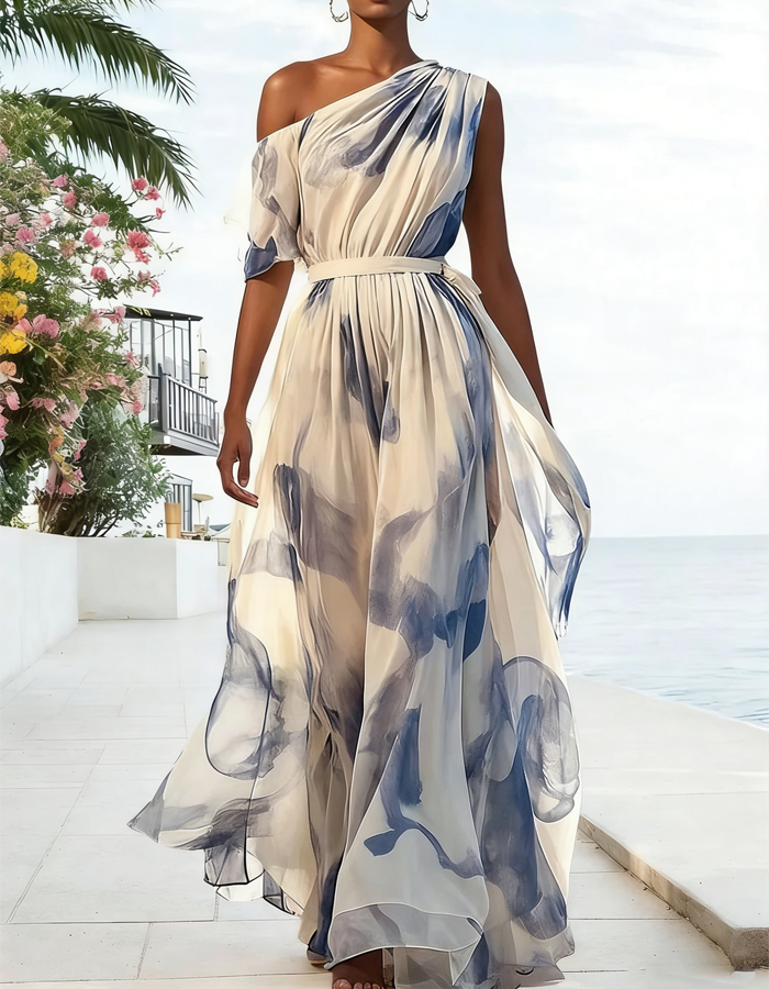Watercolor Chiffon One-Shoulder Maxi Dress
