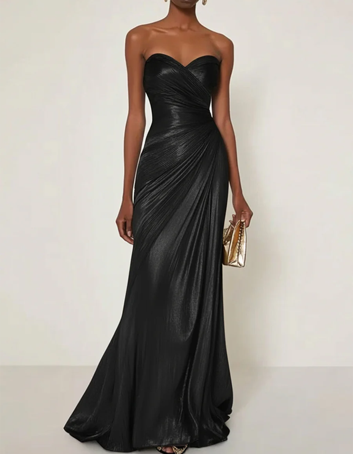 Satin Pleated Strapless Maxi Dress