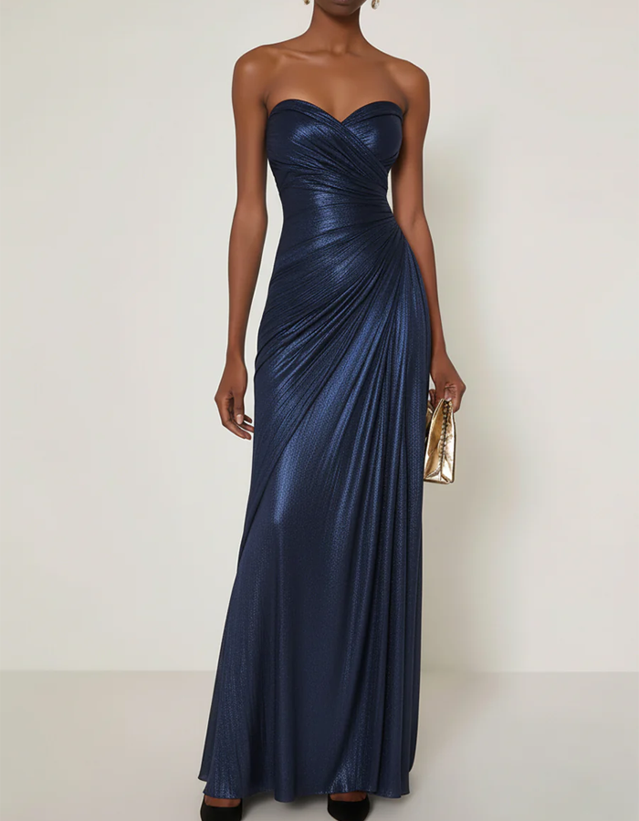 Satin Pleated Strapless Maxi Dress