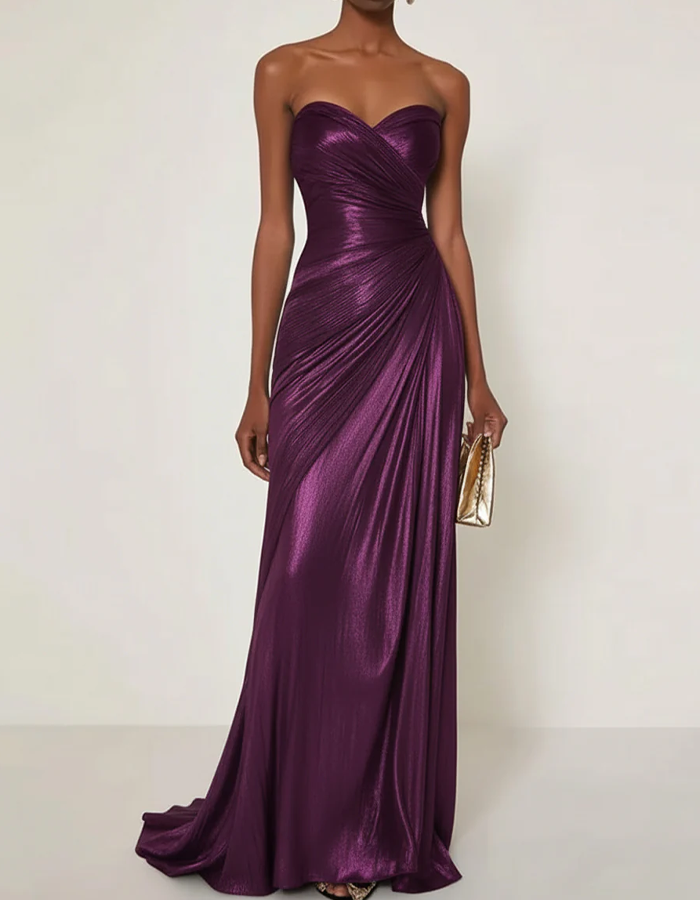 Satin Pleated Strapless Maxi Dress