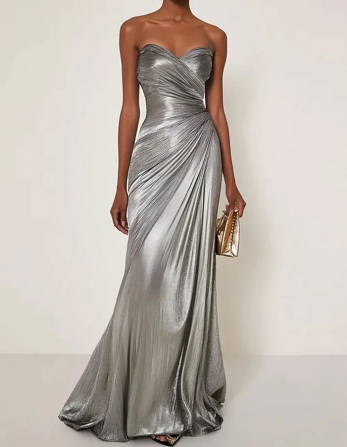 Satin Pleated Strapless Maxi Dress