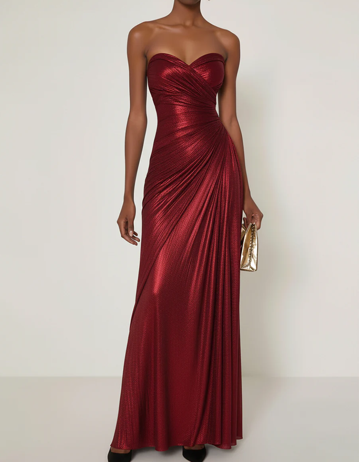 Satin Pleated Strapless Maxi Dress