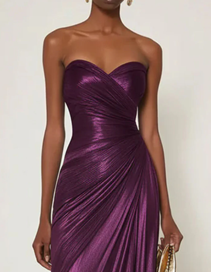 Satin Pleated Strapless Maxi Dress