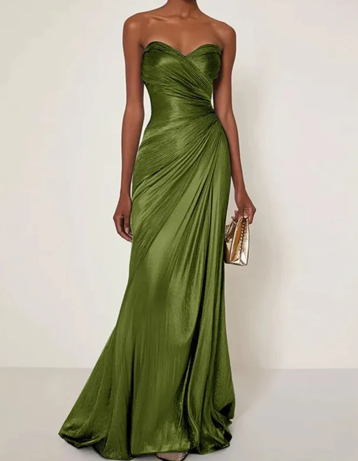 Satin Pleated Strapless Maxi Dress