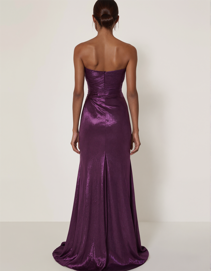 Satin Pleated Strapless Maxi Dress
