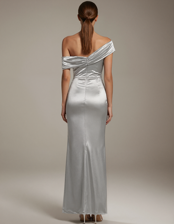 Satin One-Shoulder Pleated Maxi Dress