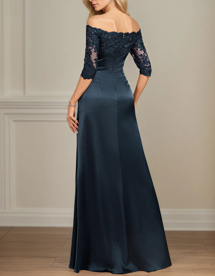 Off-the-Shoulder Lace Satin Maxi Dress