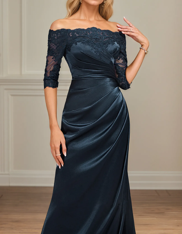 Off-the-Shoulder Lace Satin Maxi Dress