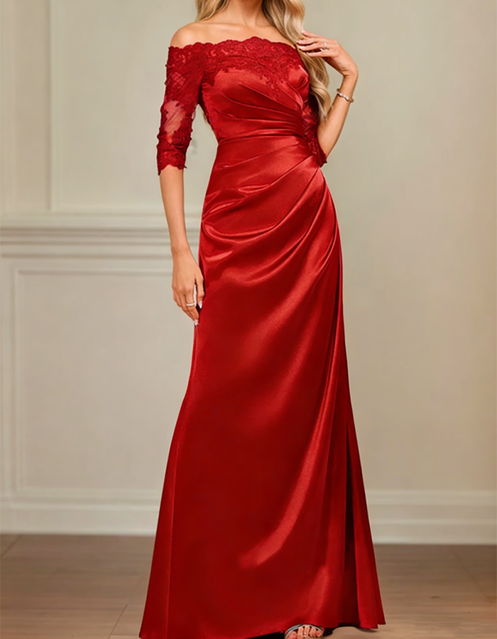Off-the-Shoulder Lace Satin Maxi Dress