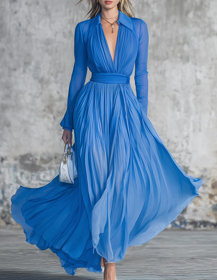 Pleated Tulle Long-Sleeved Floor-Length Maxi Dress