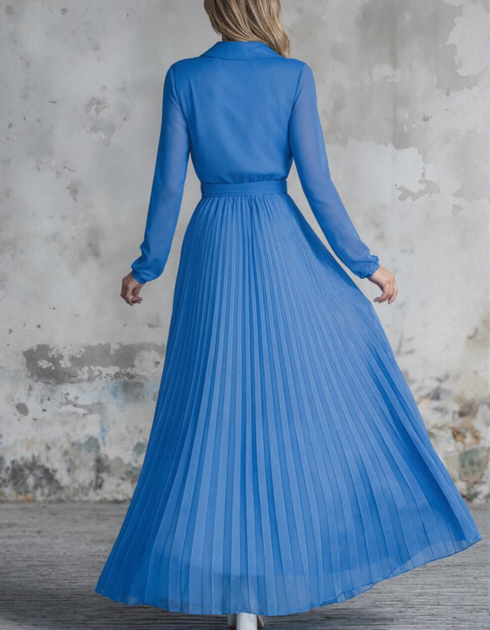 Pleated Tulle Long-Sleeved Floor-Length Maxi Dress