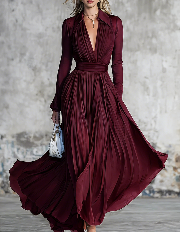 Pleated Tulle Long-Sleeved Floor-Length Maxi Dress