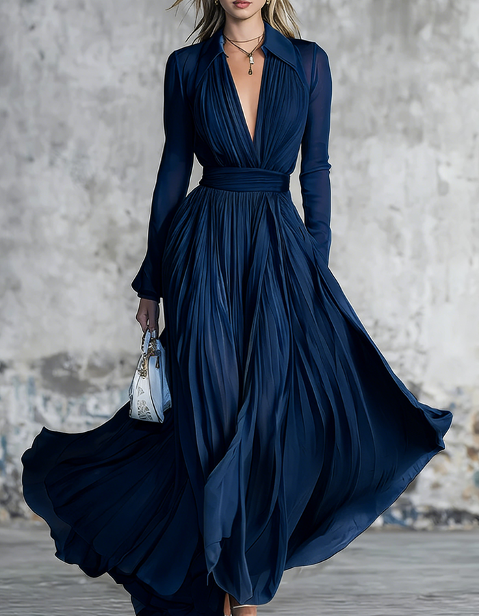 Pleated Tulle Long-Sleeved Floor-Length Maxi Dress