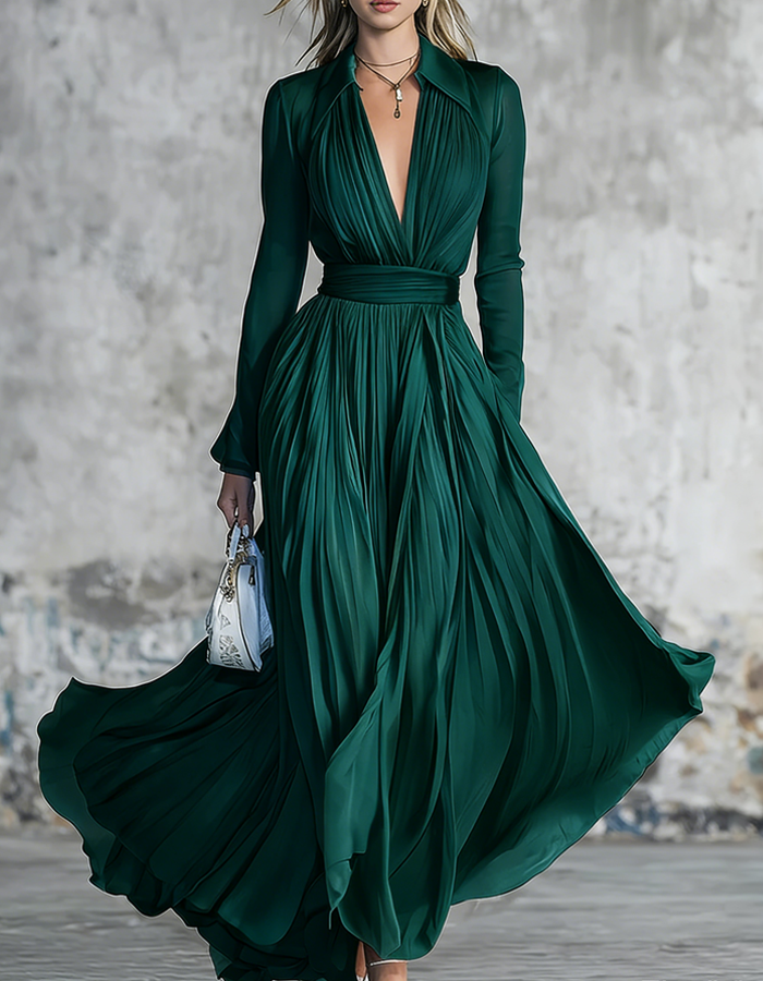 Pleated Tulle Long-Sleeved Floor-Length Maxi Dress