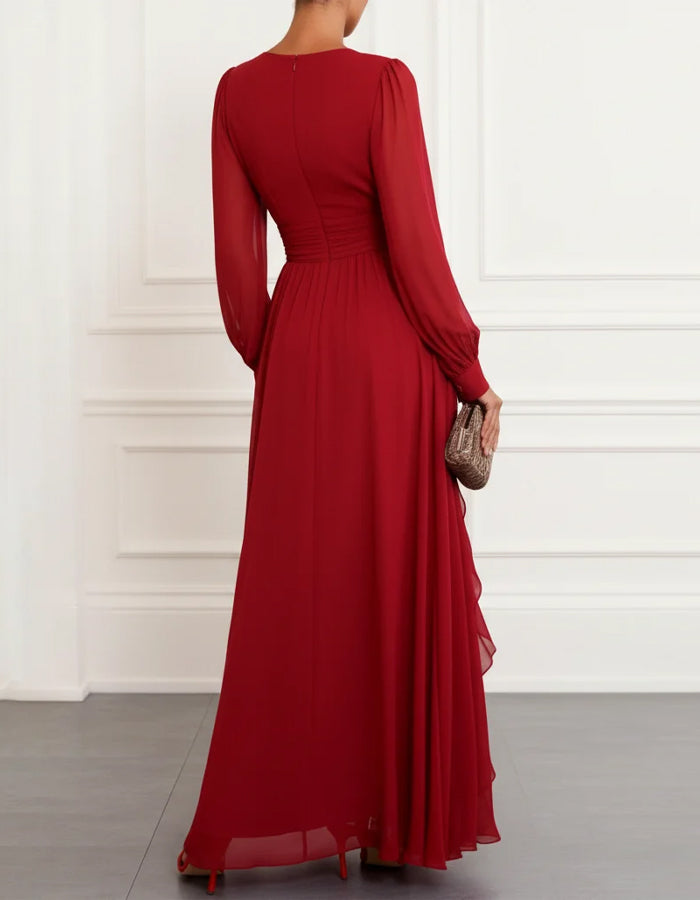 Red Chiffon V-Neck Long Sleeve Maxi Dress