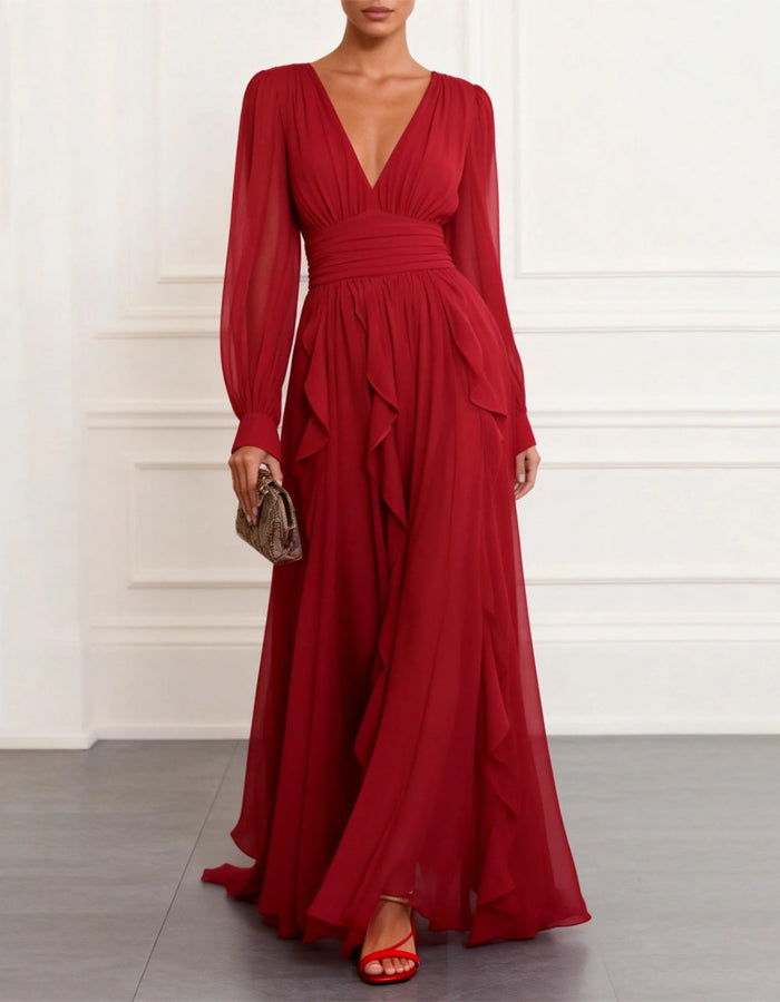 Red Chiffon V-Neck Long Sleeve Maxi Dress