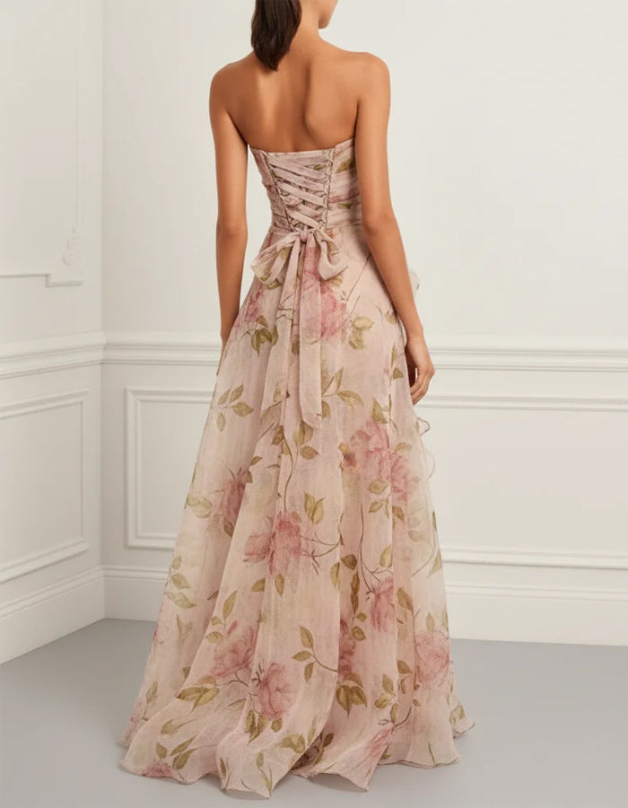 Pink Strapless Chiffon Print Maxi Dress