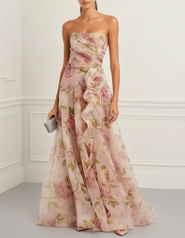 Vestido largo estampado de gasa rosa sin tirantes